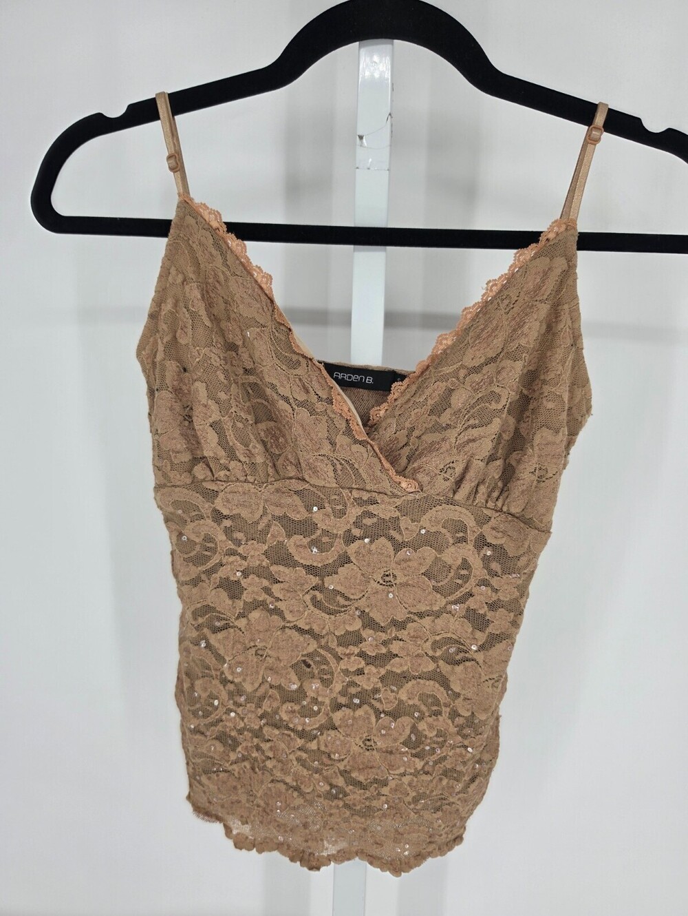 Vintage Y2K Arden B Womens Sz S Lace Cami Camisole Tank Beige Rhinestones